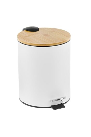 SHOPIENS Metal bin for bathroom Shopiens®, matte white with bamboo lid, handle, and metal pedal, 5L