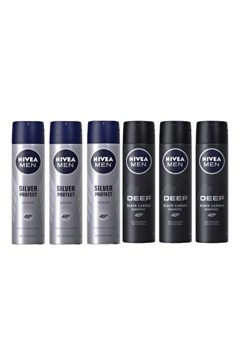 NIVEA Set 6 X Deodorante Spray Anti-Perspirant Nivea, 3 X Silver Protect, 3 X Deep Black Carbon Darkwood