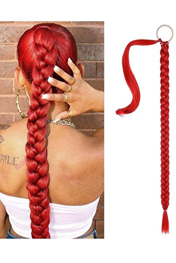 COOYA Long DIY Braided Ponytail Extension,with Hair Tie Straight Wrap,Natural Soft Synthetic,Red 30 Inch