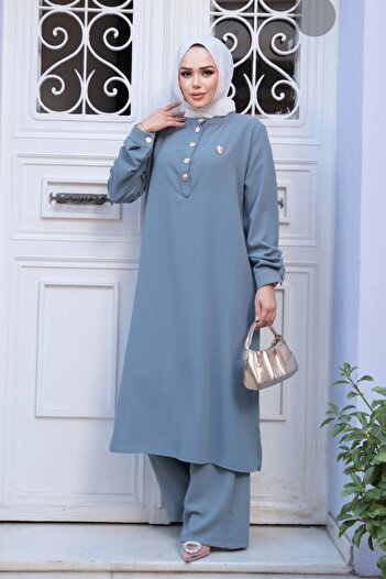 N.S NEVA STYLE Button Detailed Gray Hijab Double Set 76642Gr