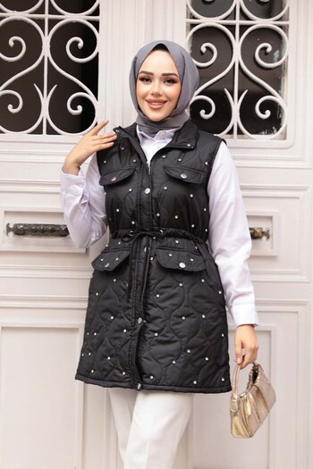 N.S NEVA STYLE Bead Detailed Black Hijab Inflatable Vest 80321S
