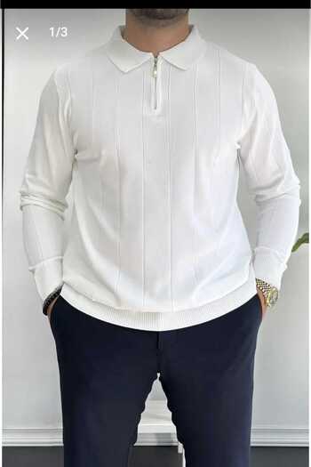 LİBASSİNİ Men's Half Zip Polo Neck Seasonal Sweater White