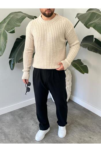 HAWKKİNG Men's Oversize Crew Neck Ribbed Knit Sweater