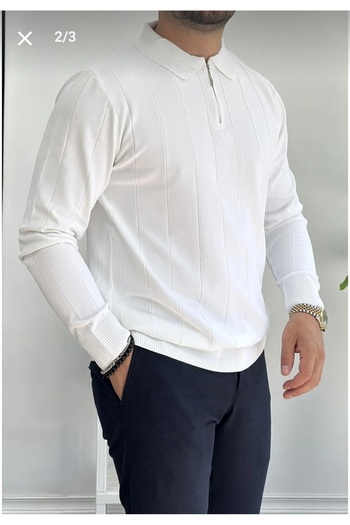 LİBASSİNİ Men's Half Zip Polo Neck Seasonal Sweater White