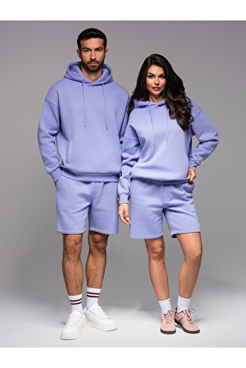 OMBRE Σετ UNISEX φούτερ για ζευγάρια με κουκούλα + σορτς σε στυλ αθλητικού στυλ - λεβάντα V9 Z110