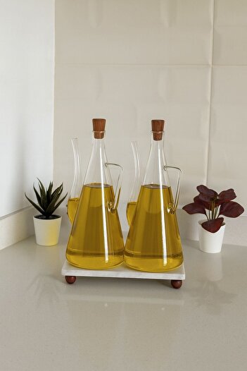 Reoona Borosilicate Glass Glazzy 2-Piece Oil Bottle & Sauce Bowl with Marble Stand 750 ml