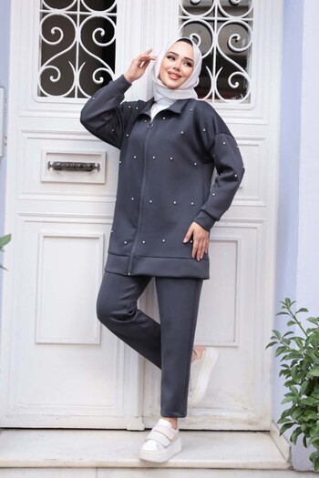 N.S NEVA STYLE Zippered Smoked Hijab Double Set 12401Fu