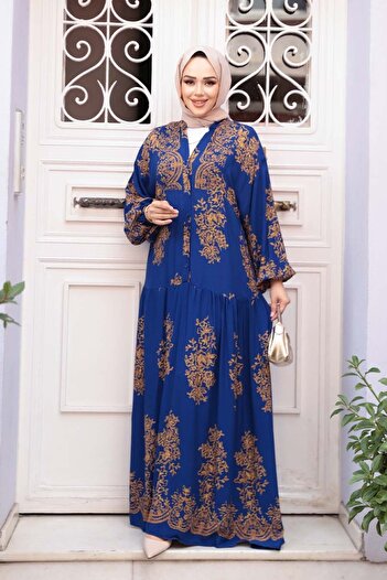 N.S NEVA STYLE Floral Patterned Sax Blue Hijab Dress 18241Sx