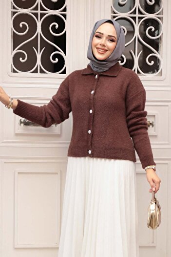 N.S NEVA STYLE Feather Brown Hijab Knitwear Cardigan 85321Kh