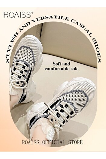ROAISS Women's Thick Sole Sneakers Women's Mesh Dad Shoes Women's Athlesiure Shoes Hollow Casual Shoes