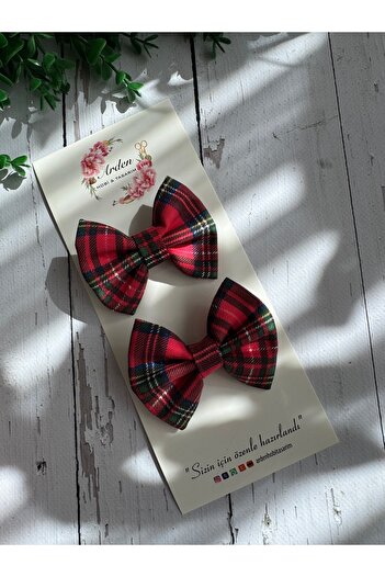 ARDEN HOBİ TASARIM Plaid Linen Bow Hair Clip Set/2-Piece Baby-Child Side Clip Set/Christmas Clip/School Clip