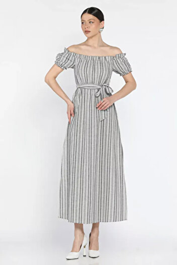 agishop Madonna Collar Midi Slit Linen Dress with Sash