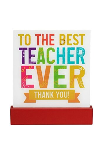 SHOPIENS Square decorative plaque with red wooden base, Shopiens®, with message for teacher, 15 x 2.5 x 17.5