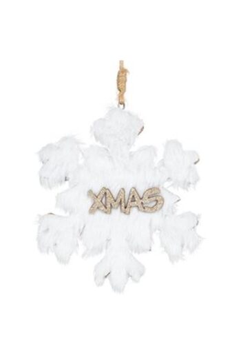 Jumbo Christmas Tree Ornament Snowflake from Wood with White Fur and Beige Champagne Glitter Letters 'XMAS