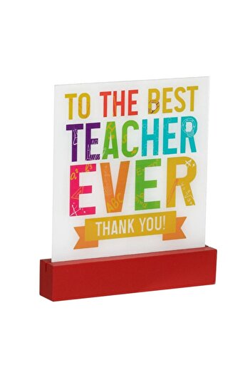 SHOPIENS Square decorative plaque with red wooden base, Shopiens®, with message for teacher, 15 x 2.5 x 17.5