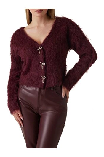 Guess Women's Stone Buttoned V-Neck Feathered Knit Cardigan - Burgundy