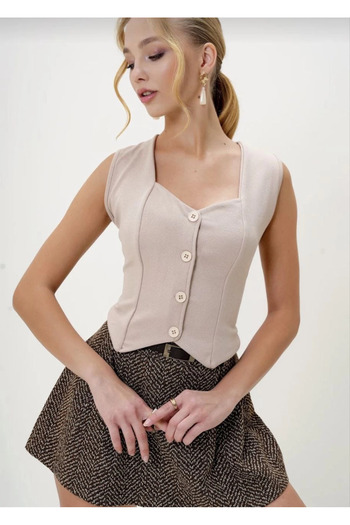 agishop Crepe Fabric Button Vest Beige S3395