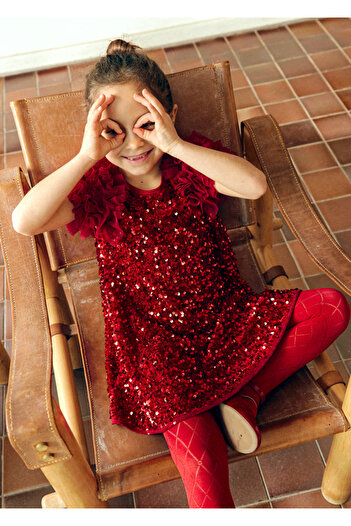 Abel & Lula Abel&Lula Red Sequined Dress with Combed Cotton Lining and Shoulder Detail (for Ages 05-09) - Red