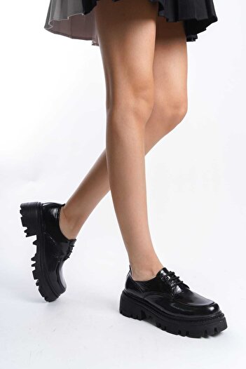 ERNİLA Julia Genuine Leather Women's Lace-Up Black Patent Leather Loafer Shoes
