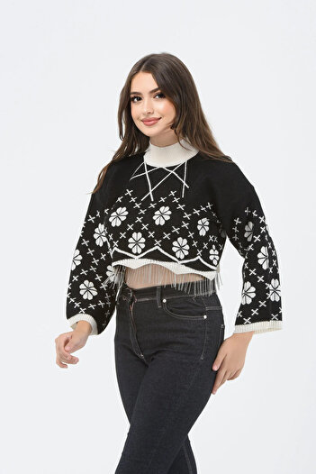 H&E LUXURY DESIGN Pulover crop tricotat cu model floral pentru femei