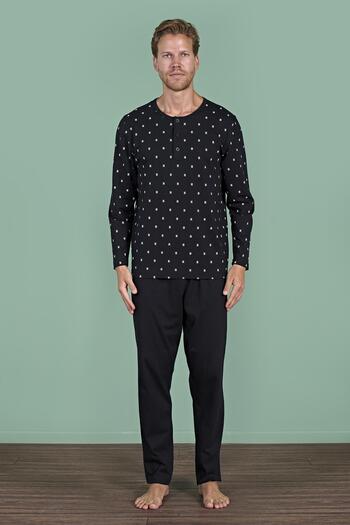 Pijadore Men's Black Long Sleeve Button down Collar Patterned Pajama Set C9T2N91