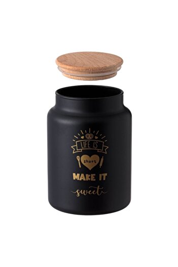 SHOPIENS Matte Black Glass Jar with Golden Message and Wooden Lid Shopiens®, 890 ml