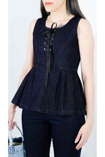 focsel Striped Fabric Lace-Up Denim Blouse
