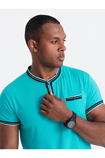 OMBRE Pánské henley tričko s ozdobným žebrováním - tyrkysové V7 OM-TSCT-0175 S