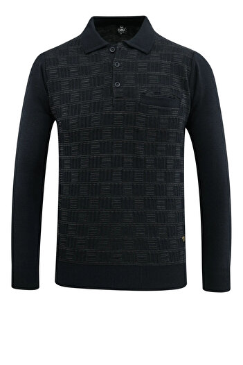 Çizgi Triko Men's Plus Size Polo Neck Sweater with Pockets, Crinkled Steel Knit, Classic Fit - 5215Fb