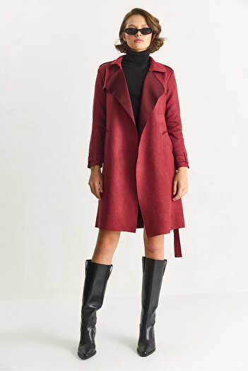 Bianco Lucci Women's Double Breasted Collar Draped Belted Suede Trench Coat 24-182 60283554