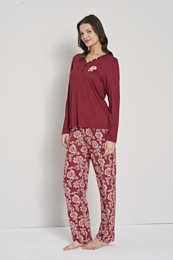 Pijadore Women's Plus Size Burgundy Button-Down Collar Floral Print Pajama Set C4T0N91