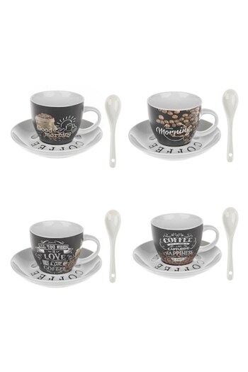SHOPIENS Set 4 cesti de cafea Shopiens®, din portelan, model Coffee cu farfurii si lingurite, 180 ml