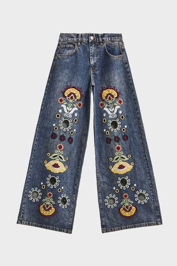 its basic Women's T.Kot Color 4W5-8 Palazzo Fit Special Floral Embroidered Inside Length 83cm Design Denim Jean