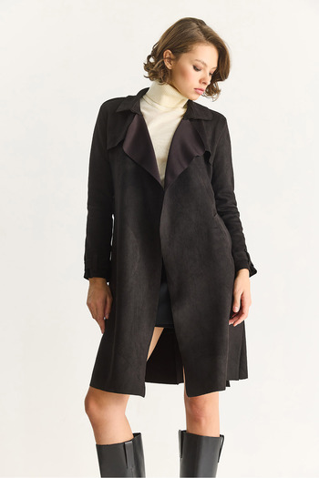 Bianco Lucci Women's Double Breasted Collar Draped Belted Suede Trench Coat 24-182 60283554