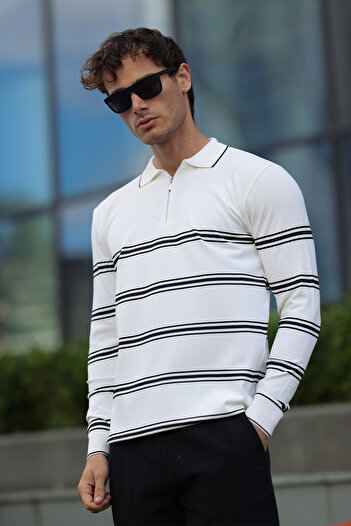aziso Men's Polo Neck Striped Half Zip Knit Sweater