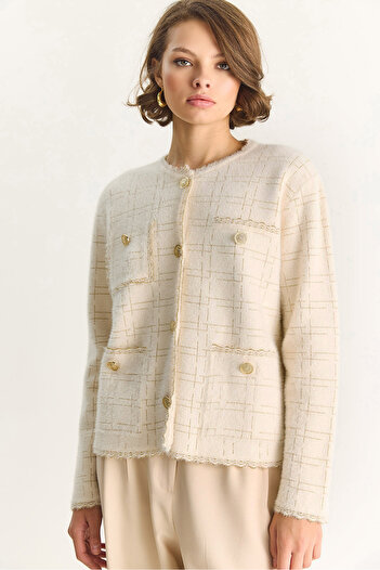 Bianco Lucci Women's Gold Silvery Vintage Buttoned Soft Textured Cardigan Th241067 60284096
