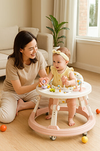 Baby Walker Foldable Pink with Adjustable Height and 360° Rotating Activity Toy Tray