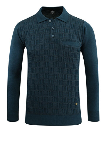 Çizgi Triko Men's Plus Size Polo Neck Sweater with Pockets, Crinkled Steel Knit, Classic Fit - 5215Fb
