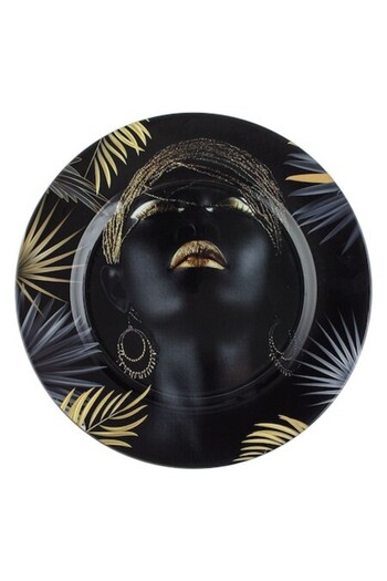 SHOPIENS Decorative Round Plate Black Gold with Face Design Ø33cm for Candles and Decor