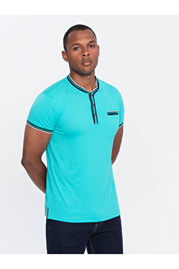 OMBRE Pánské henley tričko s ozdobným žebrováním - tyrkysové V7 OM-TSCT-0175 S