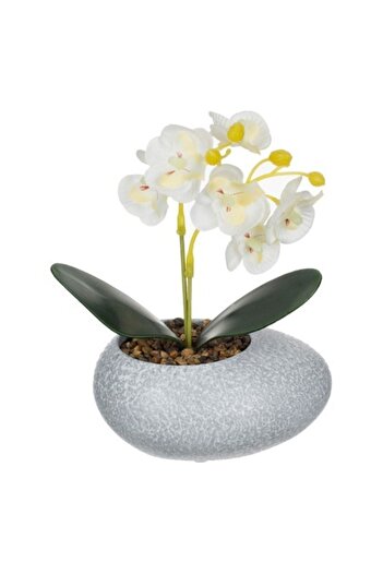 SHOPIENS Decorative Stone Pot with Artificial Orchid Plant White 12x10x18cm