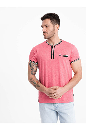 OMBRE Men's henley t-shirt with decorative ribbing - red V1 OM-TSCT-0175 L