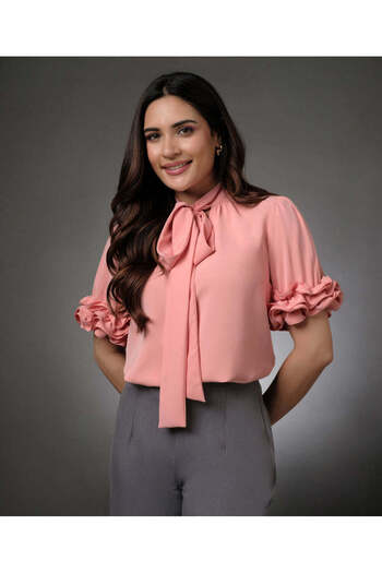 Zigzag Sleeve Detailed Neck Tie Pink Top