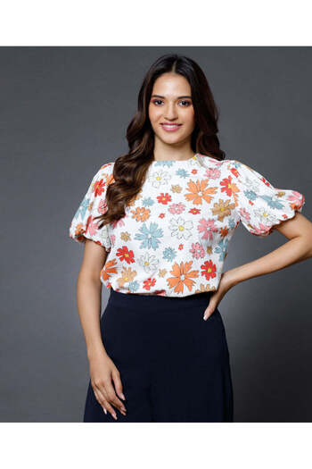 Zigzag Puff Sleeve Printed Top