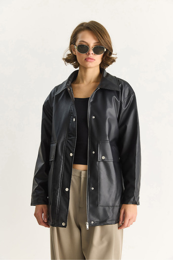 Bianco Lucci Women's Oversize Zippered Large Pocket Detailed Lined Faux Leather Jacket 3130 60283559