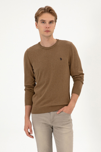 U.S. Polo Assn. Men's Slim Fit Crew Neck Khaki Melange Basic Sweater 50313713-Vr125