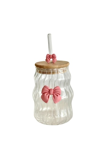 ECARLA Borosilicate glass tumbler with bamboo lid, eCarla, 450 ml, wavy design with pink bow, SZK183
