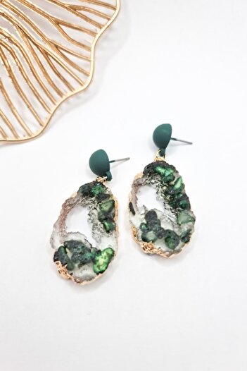 OEM Drop Earrings, green, with gold mounting, decorated with resin