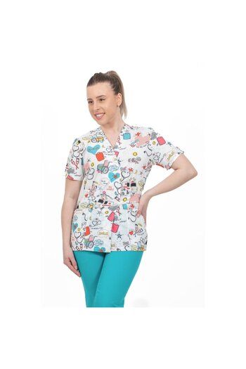 DEMOTEKS Medical Kimono Elastane Blouse, White with Print, Women - Ambulance Medical Uniform Model