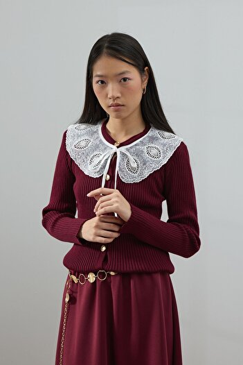Ceylan Otantik Burgundy White Collar Knitwear Cardigan